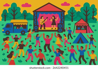Open-air music festival featuring a live performance on an outdoor stage, with people dancing in nature. The event includes food trucks, flat vector illustration