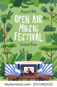 Open-air music festival poster design. Summer outdoor concert in park, advertising card, promotion flyer, banner. Live fest, holiday event in nature, placard template. Flat vector illustration