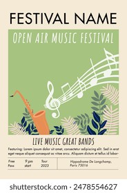 Open-air music festival poster, flyer. Outdoor fest, summer holiday picnic in park. Vector illustration