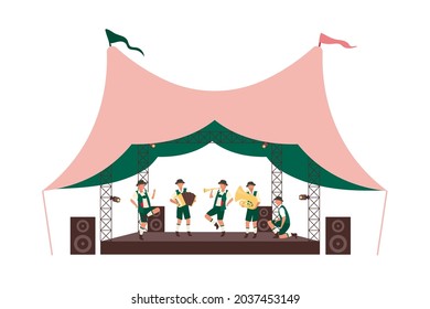 Open-air Oktoberfest concert flat concept vector illustration. Dancing musicians in lederhosen isolated 2D cartoon characters on white for web design. Traditional Bavarian music playing creative idea