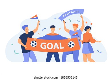 Open-air soccer fans holding large banner with goal isolated flat vector illustration. Cartoon group of active people cheering for football team. Sport game and celebration concept