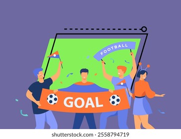 Open-air soccer fans holding large banner with goal isolated flat vector illustration. Cartoon group of active people cheering for football team. Sport game and celebration concept