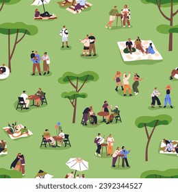 Open-air street festival, seamless pattern. Endless background, print with tiny people relaxing at outdoor fest in park, nature on summer holiday. Flat vector illustration for textile, decoration