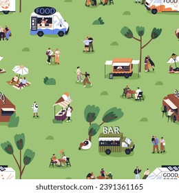 Open-air, street food festival. Summer holiday fest in park, nature with tiny people relaxing on vacation, at weekend. Characters gathering at outdoor event, public picnic. Flat vector illustration