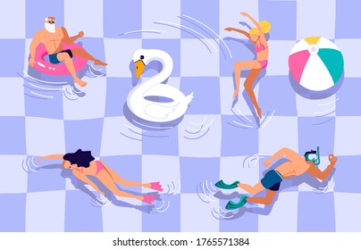 Open-air swimming pool party bunner. People swimming, diving and having fun at outdoor. Modern colorful Flat Art Vector Illustration