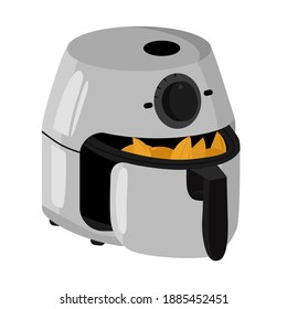 Open-bowl kitchen deep fryer with ready-made fries. Electronic device for cooking food, fast and quality cooking in the kitchen. air fryer on a white background.