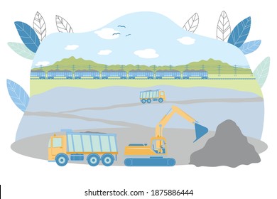 Opencast Mining Vector Illustration. Excavator Loading Raw Iron, Copper or Gold Ore into Dump Truck. Coal Extraction in Open Pit Quarry. Metallurgy Industry Equipment. Mineral Transportation