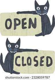 Open-Close flip signboard with a cat.
Funny cartoon style signboard, one side says Open, and the other flipped Close, a smiling black cat beside.

