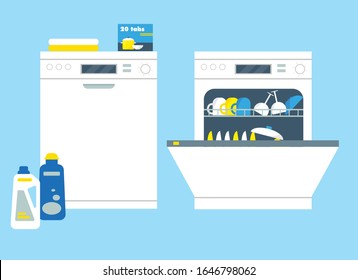 Opend and closed dishwasher machines with cleanser and dishes. Kitchen equipment icons flat vector illustration.
