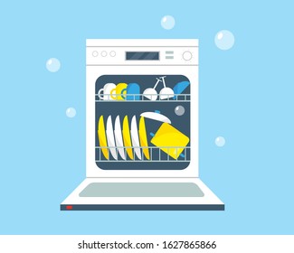 Opend dishwasher machine with clean dishes. Kitchen equipment icon  vector illustration.
