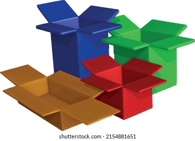 Opened 3d boxes. Different colors. Vector illustration.

