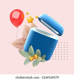 Opened 3D gift box with balloon, stars and leaves. Birthday, win and bonus design