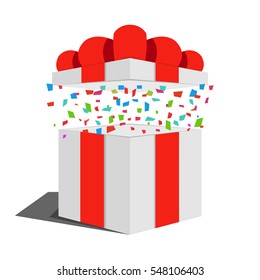 Opened 3d gift box with red bow and confetti. Vector illustration. 