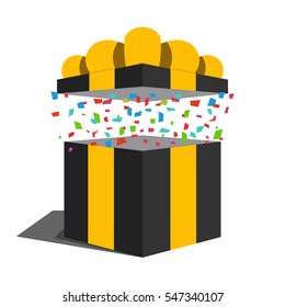 Opened 3d gift box with yellow bow and confetti. Vector illustration. 