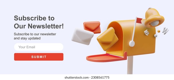 Opened 3D mailbox. Bright color subscription design template. Banner with elements in cartoon style. Horizontal template for registration. Follow news of site, store, social network, blog