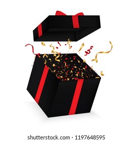 Opened 3d realistic gift box with bow and confetti. Vector illustration.