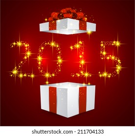 Opened 3d realistic gift box with red bow. Vector illustration. 