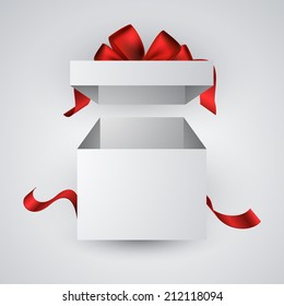 Opened 3d realistic gift box with red bow. Vector illustration. 