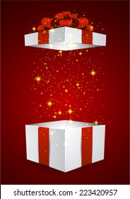 Opened 3d realistic gift box with red bow. Vector illustration. 