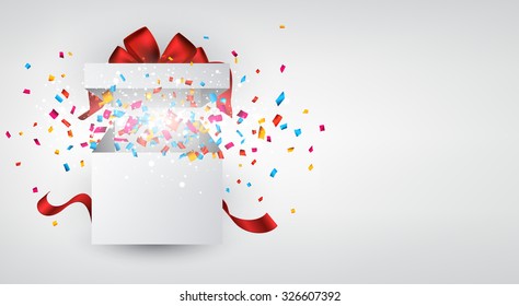 Opened 3d realistic gift box with red bow and confetti. Vector illustration.