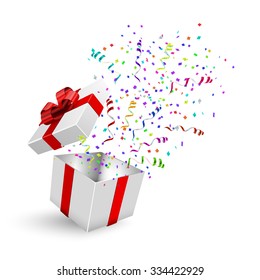 Opened 3d realistic gift box with red bow and confetti. Vector illustration.