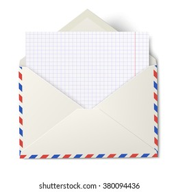 Opened air mail envelope with white sheet of squared paper inside isolated