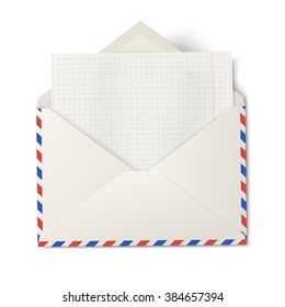 Opened air mail envelope with white sheet of squared paper inside