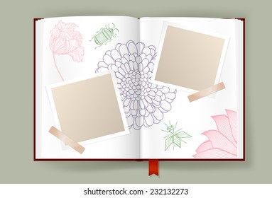 Opened album with blank photo frames decorated by Nature elements. Pages ornate with flowers line art and abstract insects. Scrapbook or diary template. Copy space. Vector is EPS10.