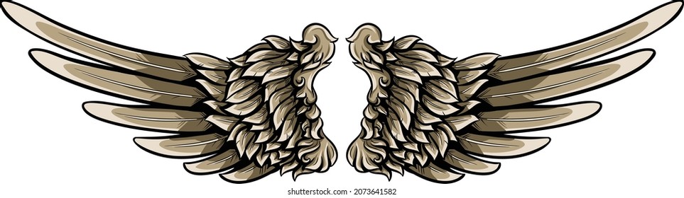 Opened angelic wings vector illustration. Creative tattoo wing.