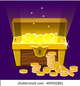 Opened antique treasure chest, coin. Vector illustration.