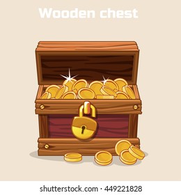 Opened antique treasure chest, coin. Vector illustration