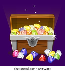 Opened antique treasure chest, diamonds. Vector illustration