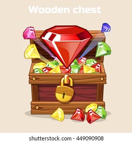 Opened antique treasure chest, diamonds. Vector illustration