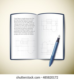 Opened architect's paper notebook with text sketches and pen on beige background realistic vector illustration