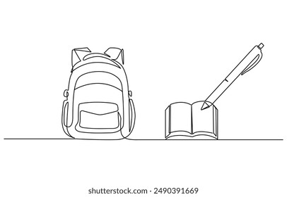 Opened backpack with stationery. Continuous line drawing. Vector illustration, Backpack in continuous line drawing style. Rucksack black line sketch on white background. School bag for kindergarten 