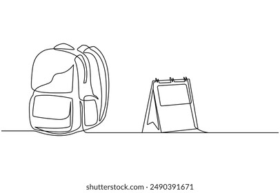 Opened backpack with stationery. Continuous line drawing. Vector illustration, Backpack in continuous line drawing style. Rucksack black line sketch on white background. School bag for kindergarten 