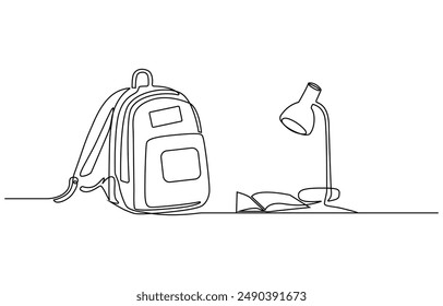 Opened backpack with stationery. Continuous line drawing. Vector illustration, Backpack in continuous line drawing style. Rucksack black line sketch on white background. School bag for kindergarten 