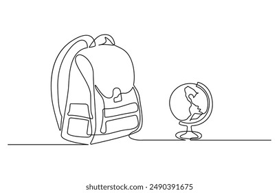 Opened backpack with stationery. Continuous line drawing. Vector illustration, Backpack in continuous line drawing style. Rucksack black line sketch on white background. School bag for kindergarten 