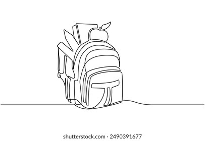 Opened backpack with stationery. Continuous line drawing. Vector illustration, Backpack in continuous line drawing style. Rucksack black line sketch on white background. School bag for kindergarten 