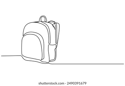 Opened backpack with stationery. Continuous line drawing. Vector illustration, Backpack in continuous line drawing style. Rucksack black line sketch on white background. School bag for kindergarten 