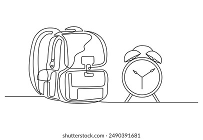 Opened backpack with stationery. Continuous line drawing. Vector illustration, Backpack in continuous line drawing style. Rucksack black line sketch on white background. School bag for kindergarten 