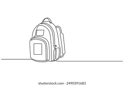 Opened backpack with stationery. Continuous line drawing. Vector illustration, Backpack in continuous line drawing style. Rucksack black line sketch on white background. School bag for kindergarten 