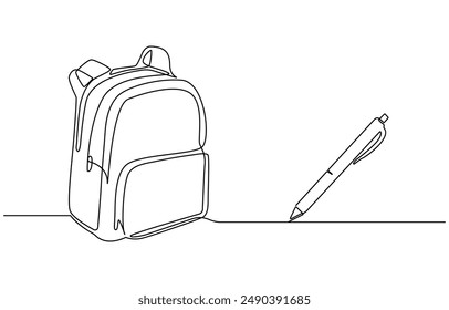 Opened backpack with stationery. Continuous line drawing. Vector illustration, Backpack in continuous line drawing style. Rucksack black line sketch on white background. School bag for kindergarten 