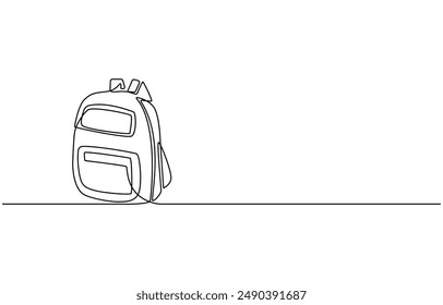 Opened backpack with stationery. Continuous line drawing. Vector illustration, Backpack in continuous line drawing style. Rucksack black line sketch on white background. School bag for kindergarten 