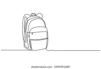 Opened backpack with stationery. Continuous line drawing. Vector illustration, Backpack in continuous line drawing style. Rucksack black line sketch on white background. School bag for kindergarten 