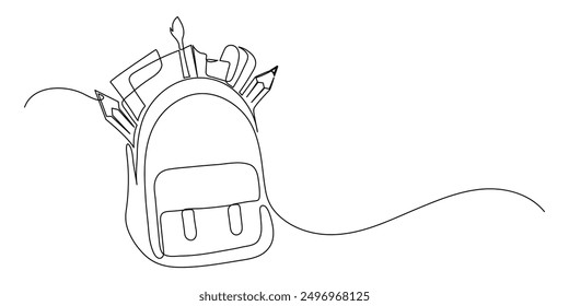 Opened backpack with stationery. Continuous line drawing. 