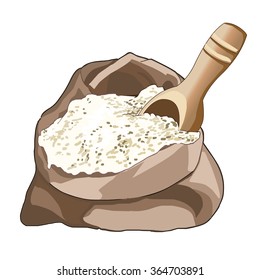Opened bag of flour, half full. Wooden spoon for loose products. Storing flour. Cooking. Vector.