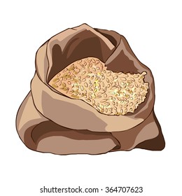 Opened bag with a grain of wheat, half full. Healthy diet. Vector.