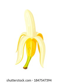 Banana abierta al estilo de las caricaturas. Diseño plano. Banana amarilla aislada de fondo blanco. Ilustración del vector