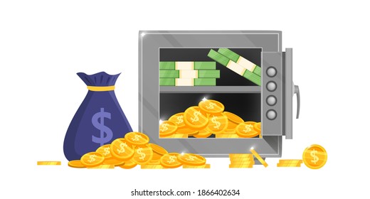 Opened bank safe box vector illustration with money bag, dollar bills, golden coins, secure lock isolated on white. Metal storage or deposit vault front view design. Bank iron safe investment clipart